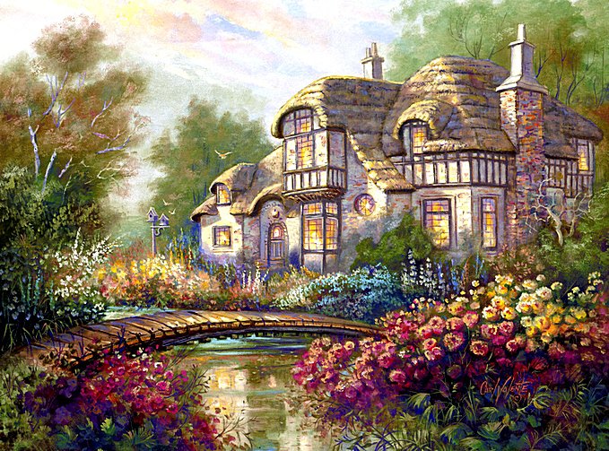 Домик, утопающий в цветах - мостик, пейзаж, красота, пруд, цветы, домик - оригинал