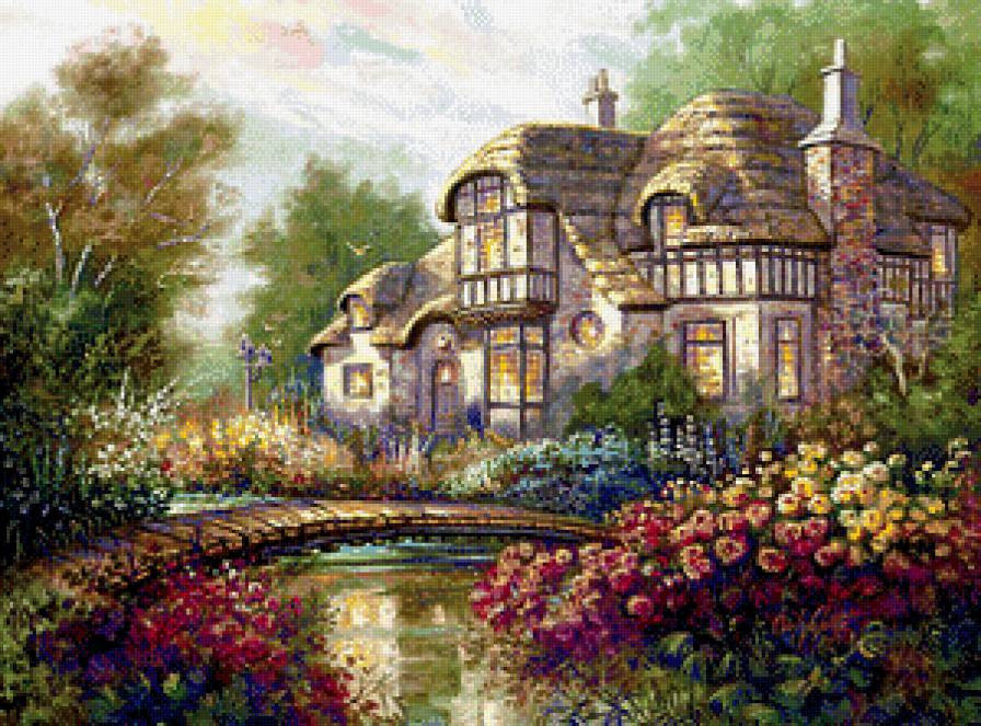 Домик, утопающий в цветах - красота, пейзаж, цветы, мостик, домик, пруд - предпросмотр