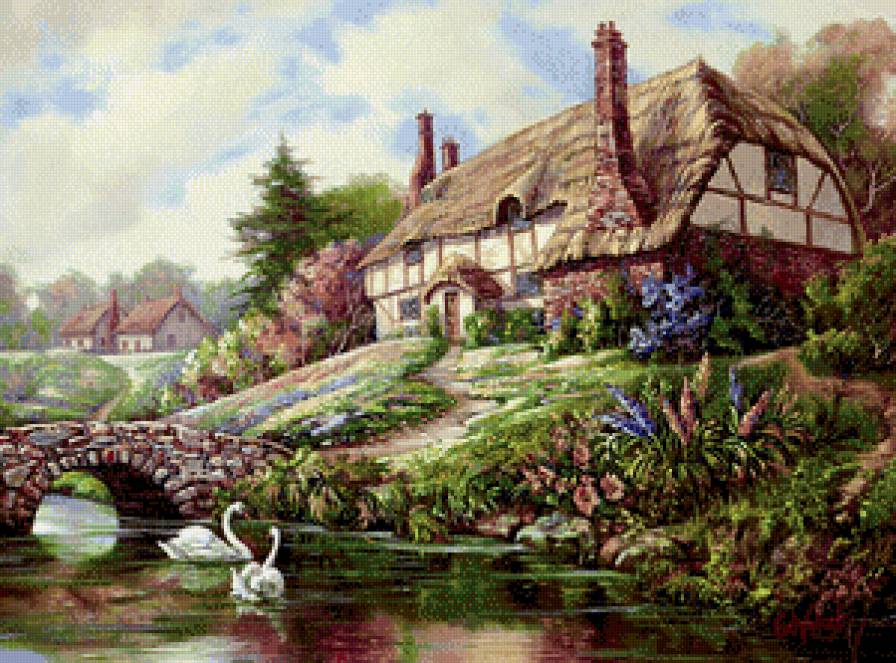 Уютный домик - мостик, цветы, лебеди, пейзаж, пруд, домик, красота - предпросмотр