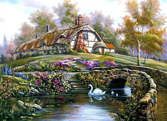 Уютный домик - цветы, домик, красота, пруд, мостик, пейзаж, лебеди - оригинал