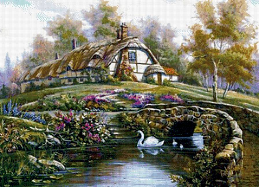 Уютный домик - домик, пейзаж, пруд, лебеди, цветы, красота, мостик - предпросмотр