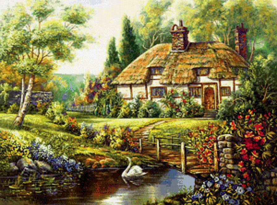 Уютный домик - домик, пейзаж, пруд, мостик, лебеди, цветы, красота - предпросмотр