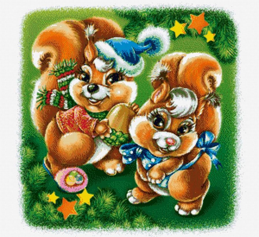 белочки - орех. новый год, открытка, белки - предпросмотр