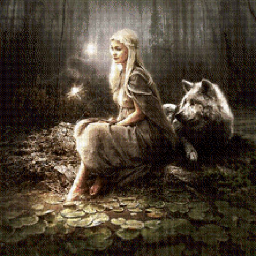 нимфа - лес, волк, девушка, озеро - предпросмотр