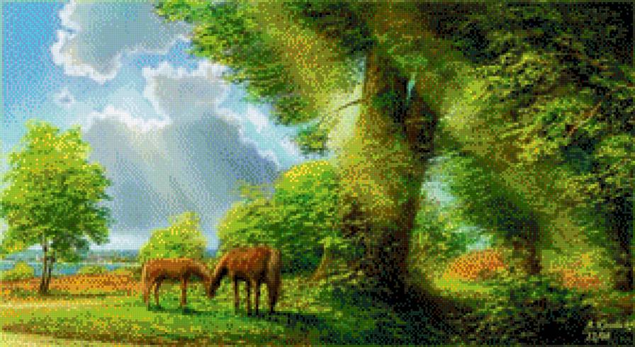 серия "природа" - природа.пейзаж.весна.кони.река - предпросмотр