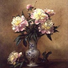 Peonies in a Blue and White Vase