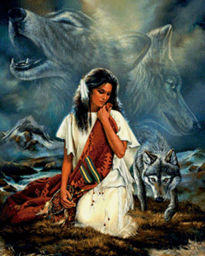 Девушка племени Майя - девушка, волки, индейцы, майя - предпросмотр