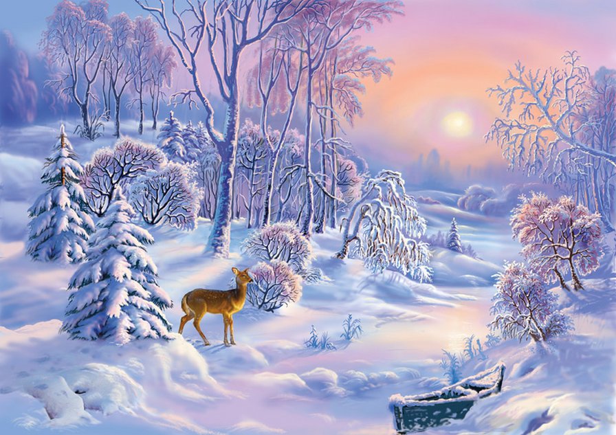 Виктор Цыганов 4 зима - природа, пейзаж, зима, виктор цыганов, картина, поляна, олень - оригинал