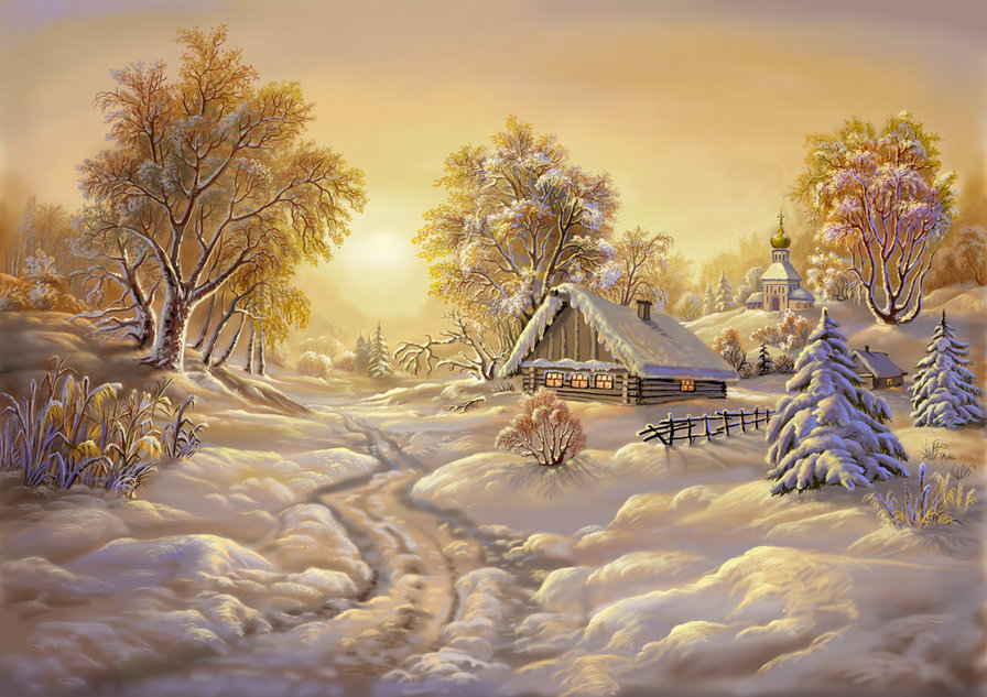 Виктор Цыганов 9 зима - поляна, картина, деревня, пейзаж, зима, домик, виктор цыганов, природа - оригинал