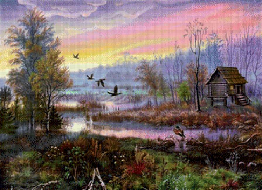 Виктор Цыганов 15 охотничий домик - озеро, виктор цыганов, домик, природа, лес, осень, картина, пейзаж - предпросмотр