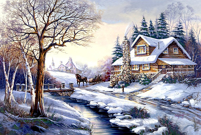 Рождественский пейзаж - домик, рождество, снег, пейзаж, зима, лошадка - оригинал