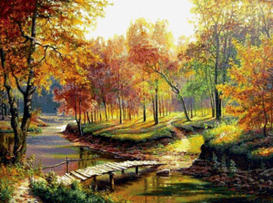 Осенний мостик - осень, речка, пейзаж, мостик, лес - предпросмотр