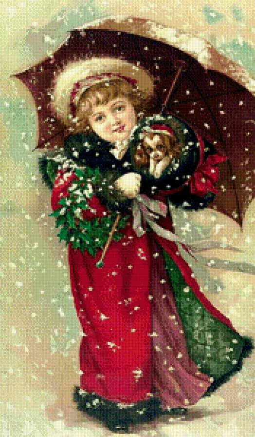 Опять метель... - метель, девочка, снегопад, открытка, ретро, зонтик - предпросмотр