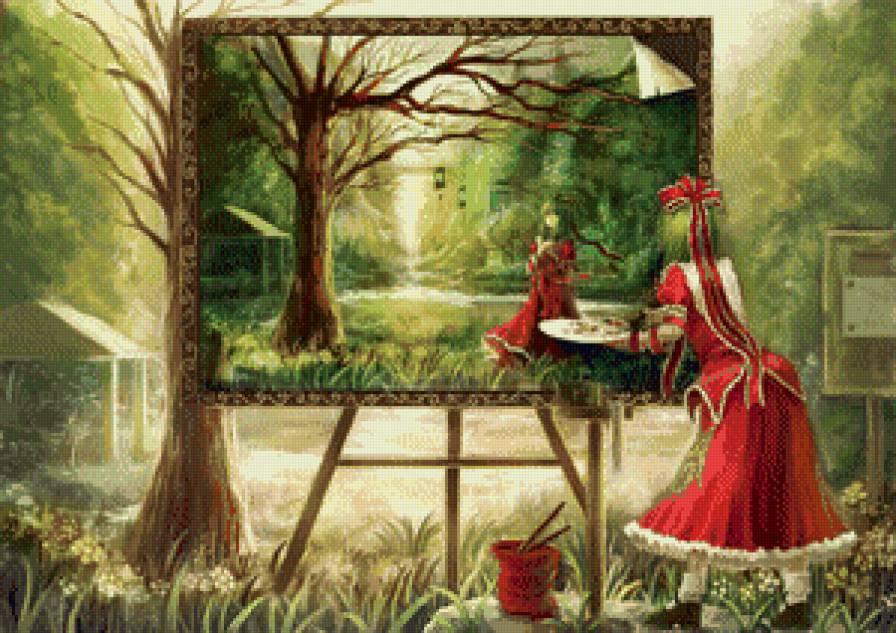 Художница - пейзаж, аниме, художница, картина - предпросмотр