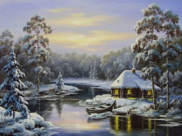 домик в лесу - зима, снег, лодка, пейзаж, лес, река, дом, сосна, сосны - оригинал