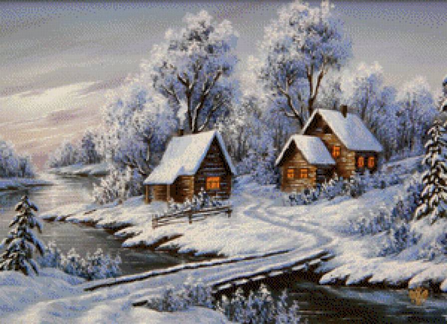 зимняя деревня - пейзаж, картина, картины - предпросмотр