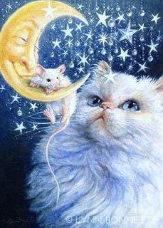 кошка и мышка - сыр, картина, кошка, луна, мышка, кот, животные - оригинал