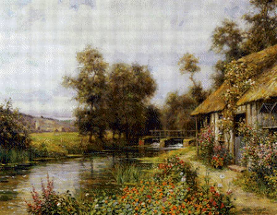 луис астон найт 18 домик у шлюза - природа.пейзаж, картина, луис астон найт, цветы.река - предпросмотр