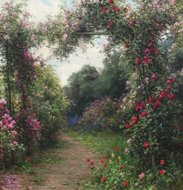 луис астон найт 30 розовая арка - пейзаж, цветы, луис астон найт, картина, река, природа - оригинал