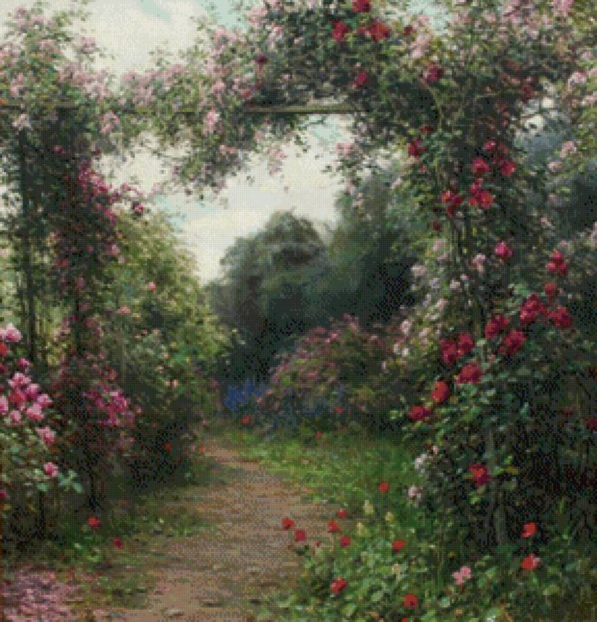 луис астон найт 30 розовая арка - картина, луис астон найт, цветы, природа, река, пейзаж - предпросмотр