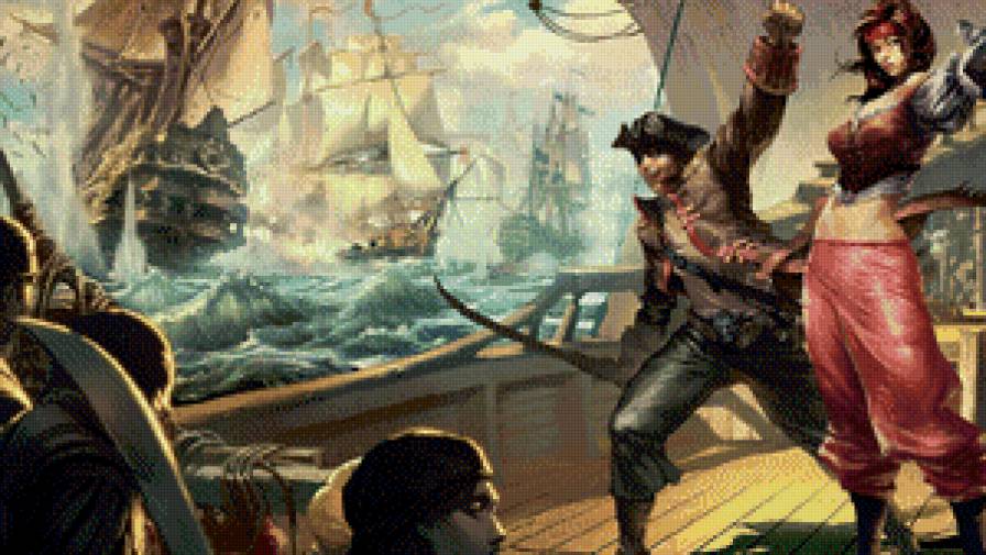 Сражение на море - корабли, пираты, люди, море - предпросмотр