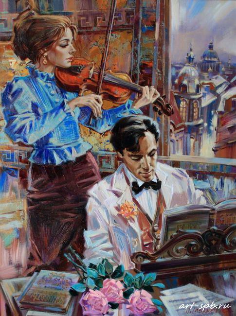 Картина - музыка, , цветы.скрипка, женщина, мужчина - оригинал