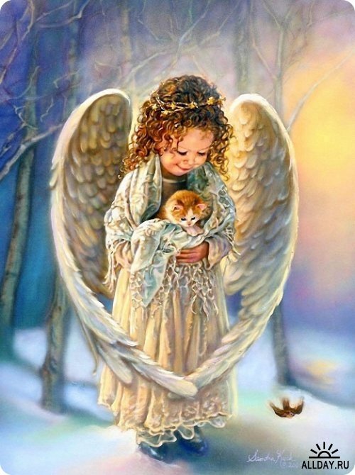 Ангел с котенком - новый год, девочка, ангел, праздник, котенок, зима - оригинал