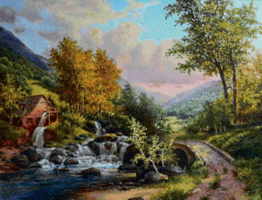 Мельница - живопись, мельница, лес, река - предпросмотр