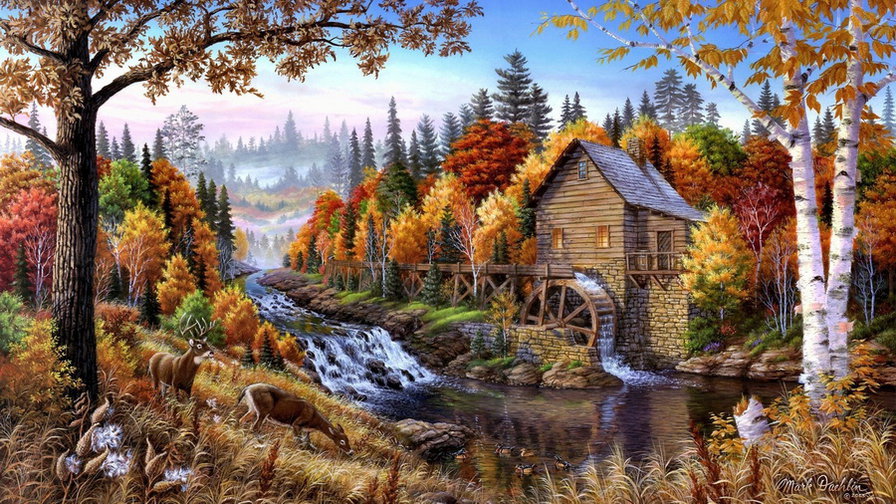 Мельница - мельница, осень, живопись, река, лес - оригинал