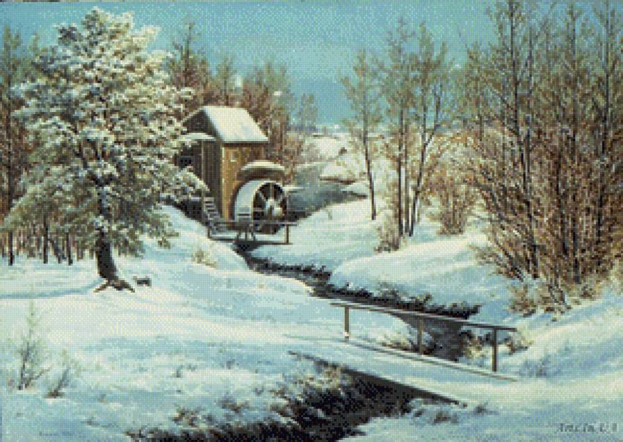 Мельница - зима, живопись, мельница, река - предпросмотр