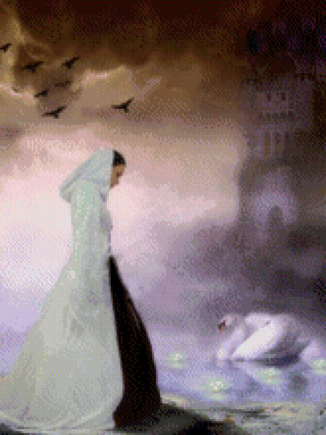 сказка - озеро, девушка, лебедь - предпросмотр