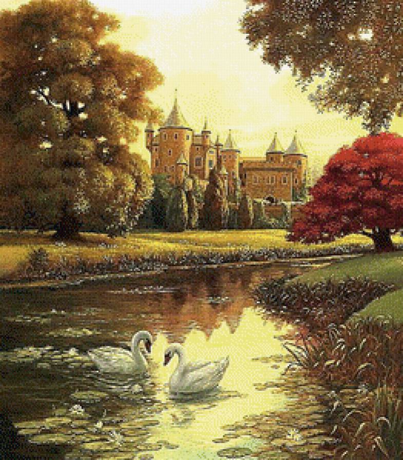Старый замок - пейзаж, картина, река, озеро, лебеди, замок - предпросмотр