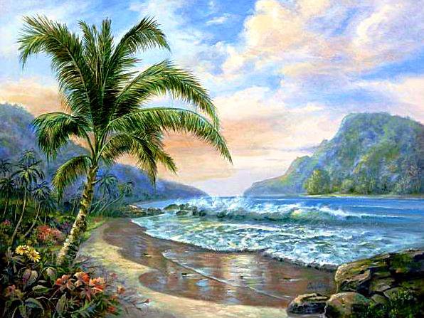 Пальма на берегу - цветы, море, пальма, пейзаж - оригинал