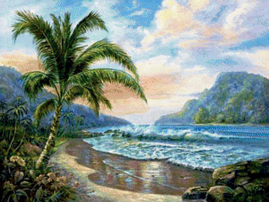 Пальма на берегу - пальма, море, пейзаж, цветы - предпросмотр