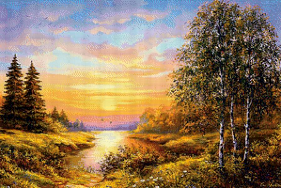 Лазоревый вечер - березки, закат, пейзаж, елочки, вечер - предпросмотр