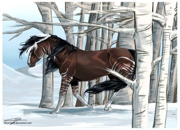 Конь в лесу - лошади, лес, снег - оригинал