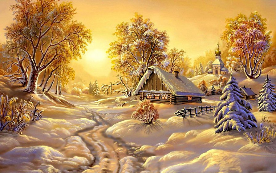 Зимушка- зима - зима, закат, пецзаж, домик - оригинал