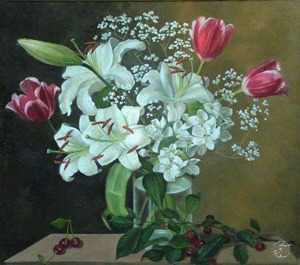 белые лилии и тюльпаны - картина, цветы, натюрморт, картины - оригинал