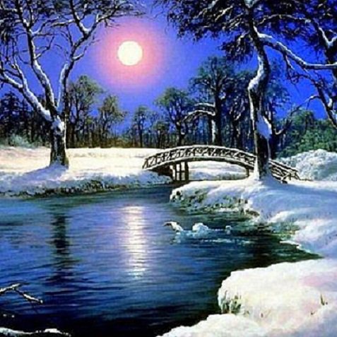 Зимний Мостик - зима, пейзаж, мост, луна - оригинал