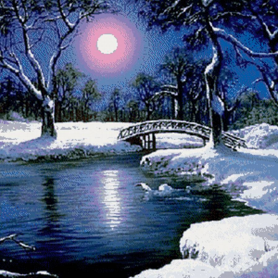 Зимний Мостик - мост, зима, луна, пейзаж - предпросмотр