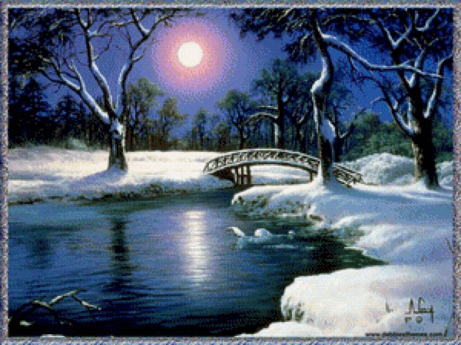 Мост зимой - зима, , мост, пейзаж, луна - предпросмотр