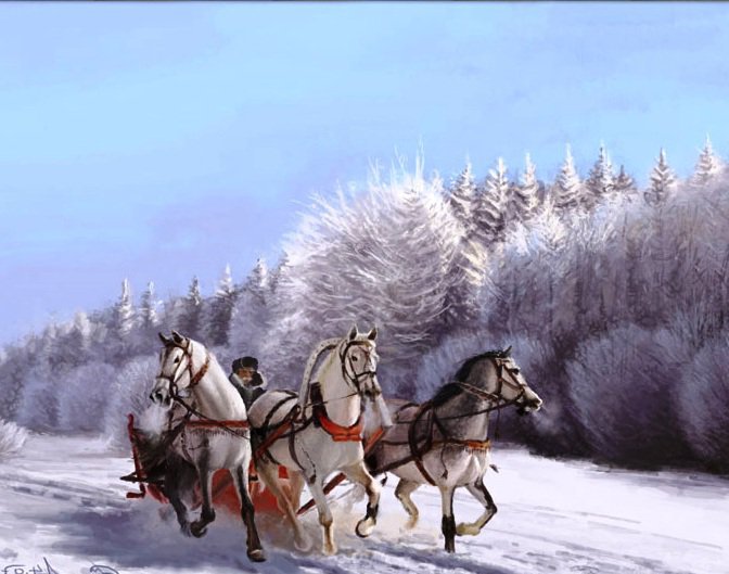 зимняя тройка - кони, упряжка, лошади, тройка, катания, сани, природа, зима - оригинал