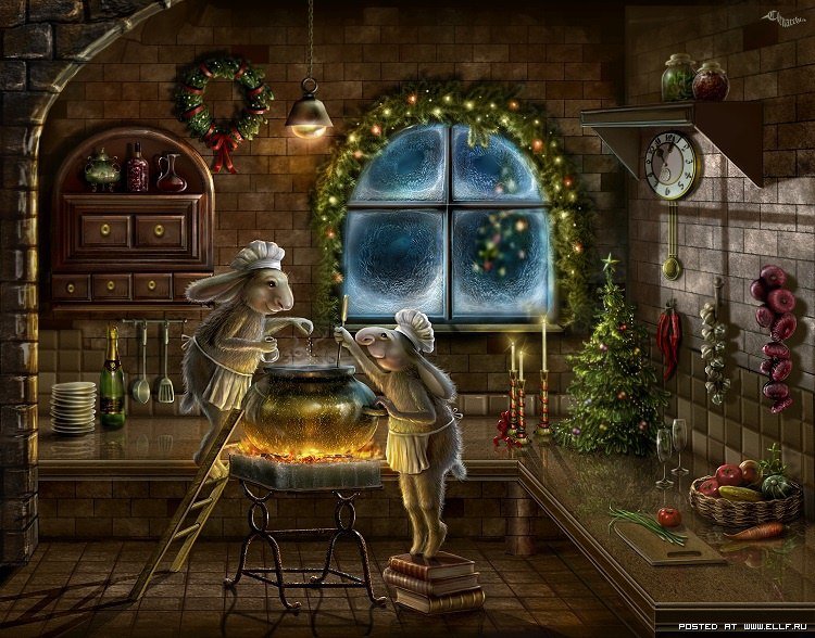 кролики - обед, фентези, кухня, кролики, котел, картина - оригинал