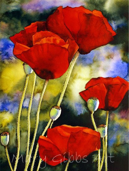 акварель - маки, красные - оригинал