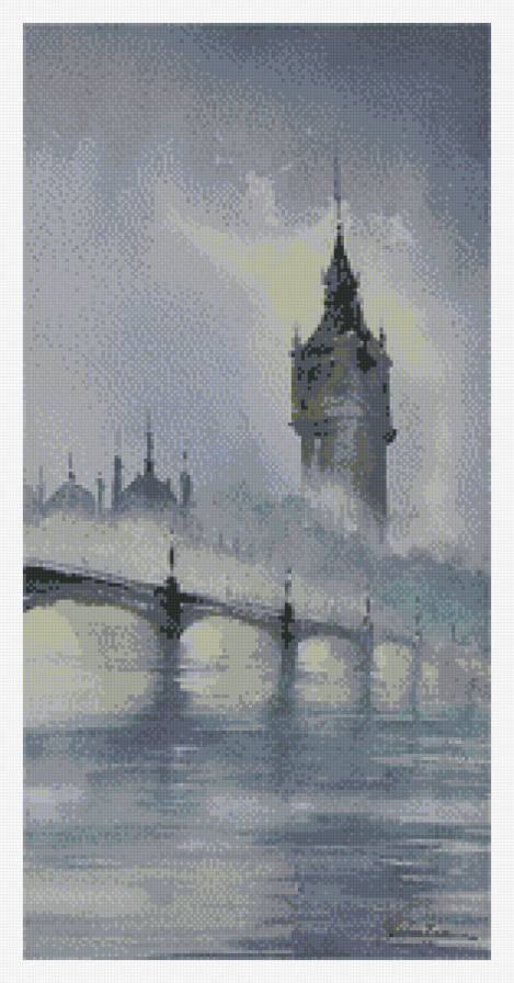 акварель - мост, лондон, утро, туман - предпросмотр