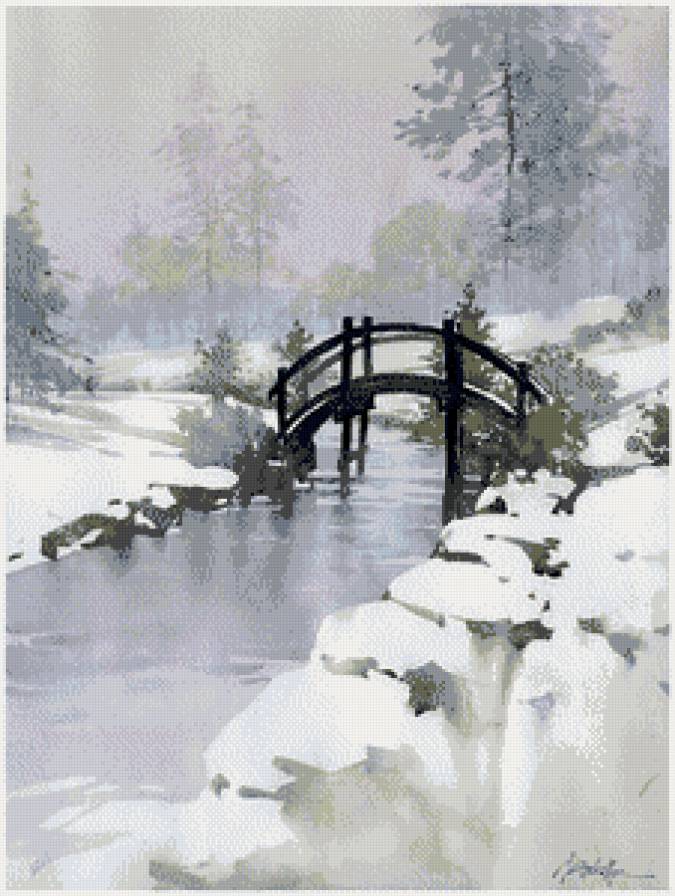 акварель - снег, мост, зима, река, мостик, природа - предпросмотр