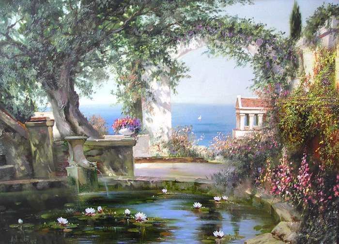 Пруд в саду - сад, пейзаж, пруд - оригинал