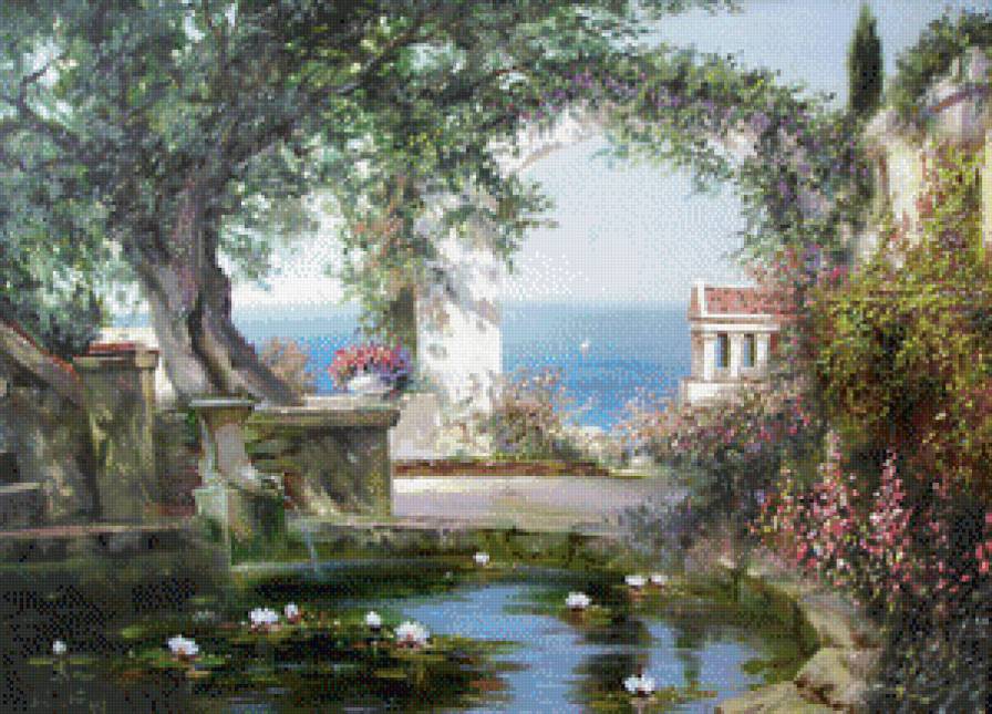 Пруд в саду - пруд, сад, пейзаж - предпросмотр