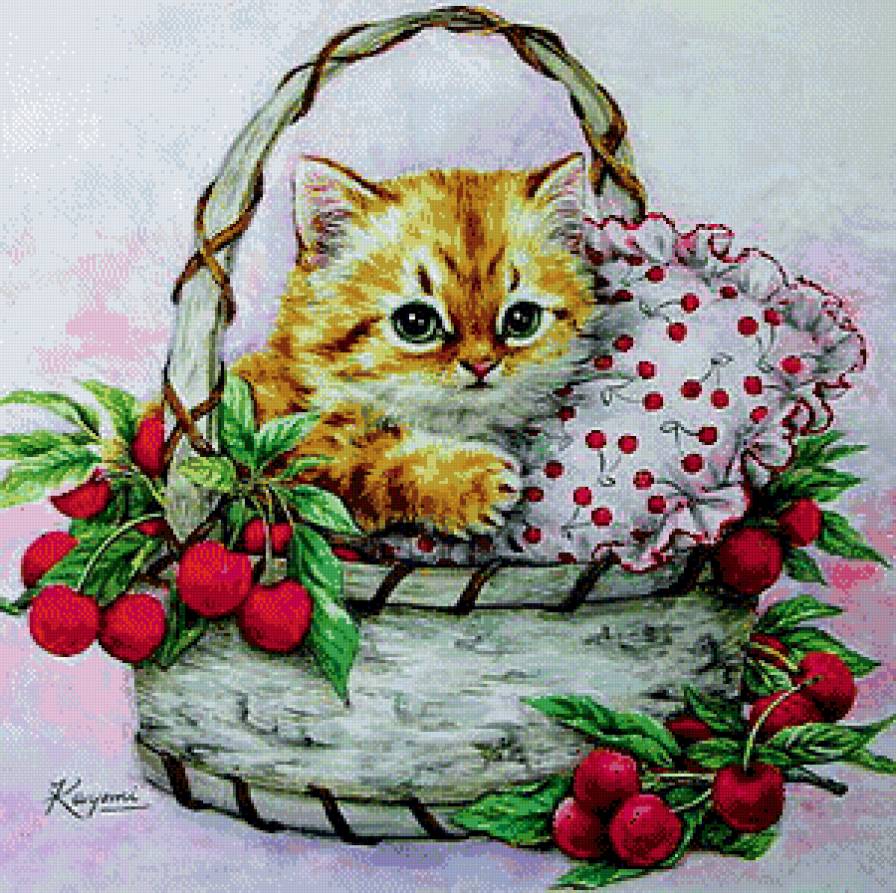Милашка - ягоды, котенок, корзинка, подушка - предпросмотр