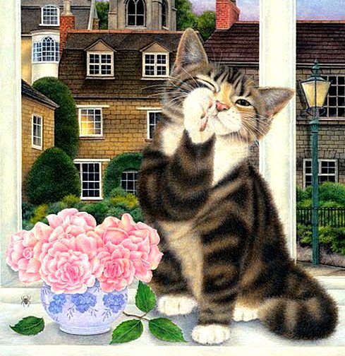 Чао! - окно, кошка, букет, дома, цветы, животные - оригинал